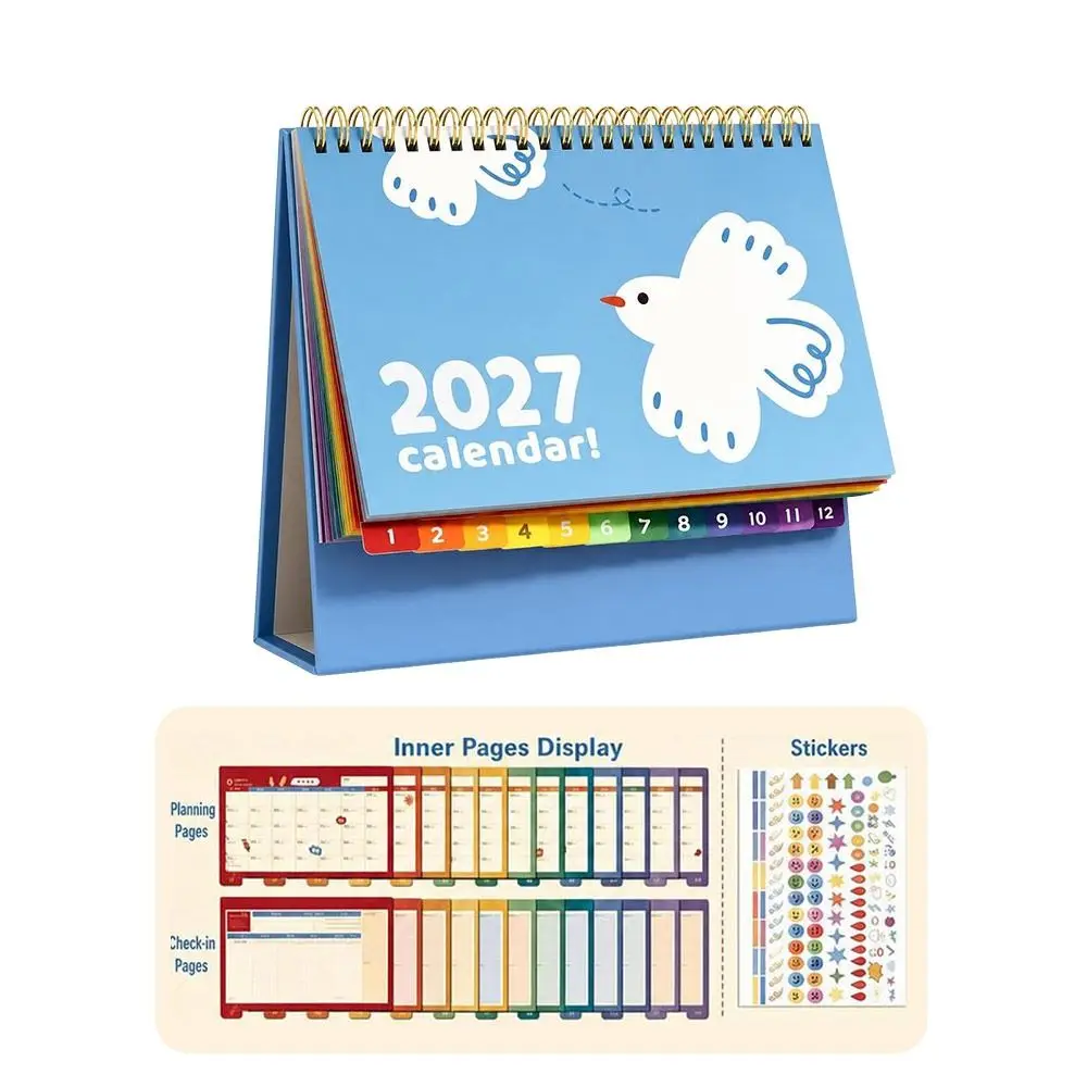 Paper Monthly Calendar Freestanding Spiral Bound Desk Planner Cartoon Pattern Monthly Layout Self-discipline Check-in Book