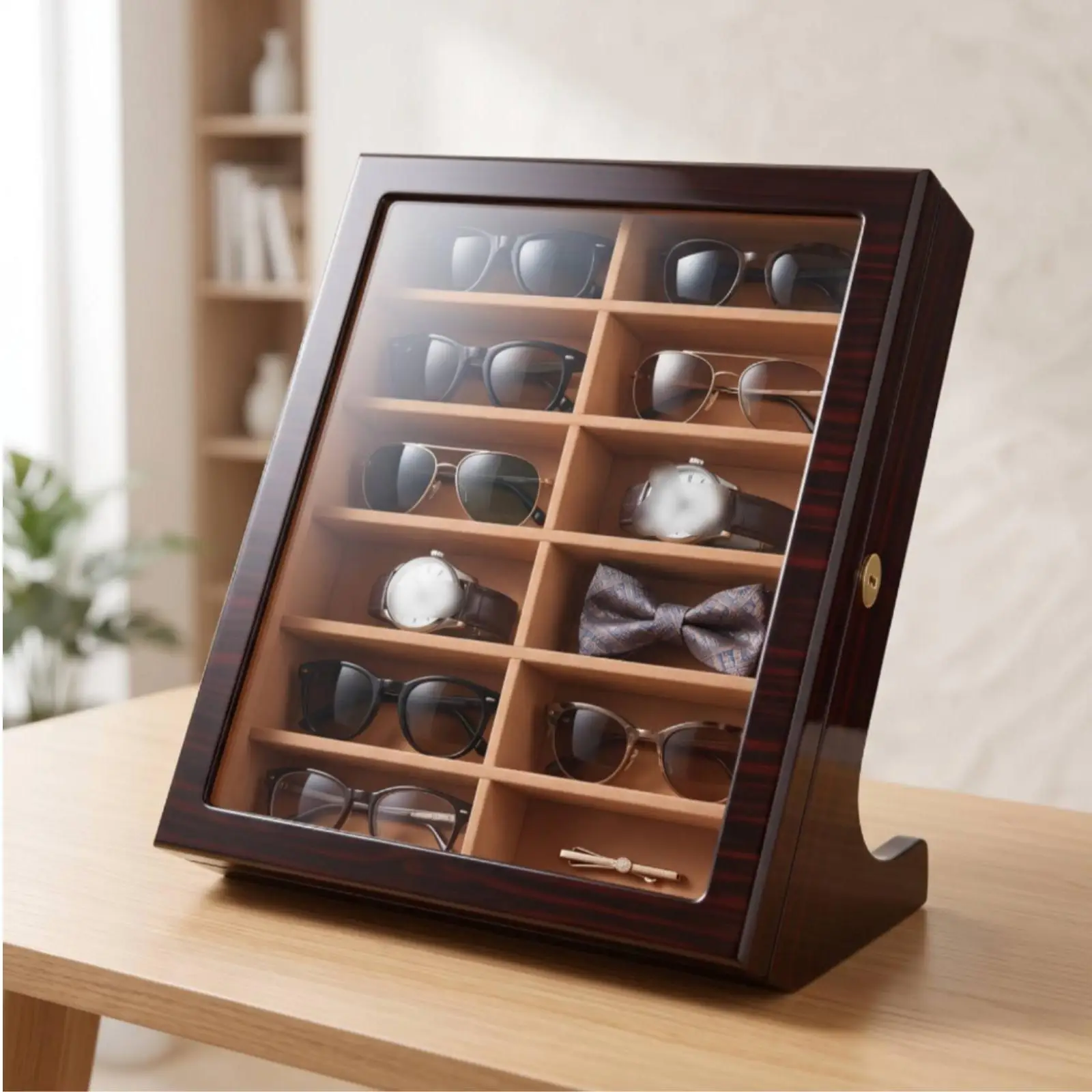 12 Slot Sunglasses Storage Box with Lockable Door Wood Frame Clear Panel Display Case for Eyeglasses Collection Organizer Unit