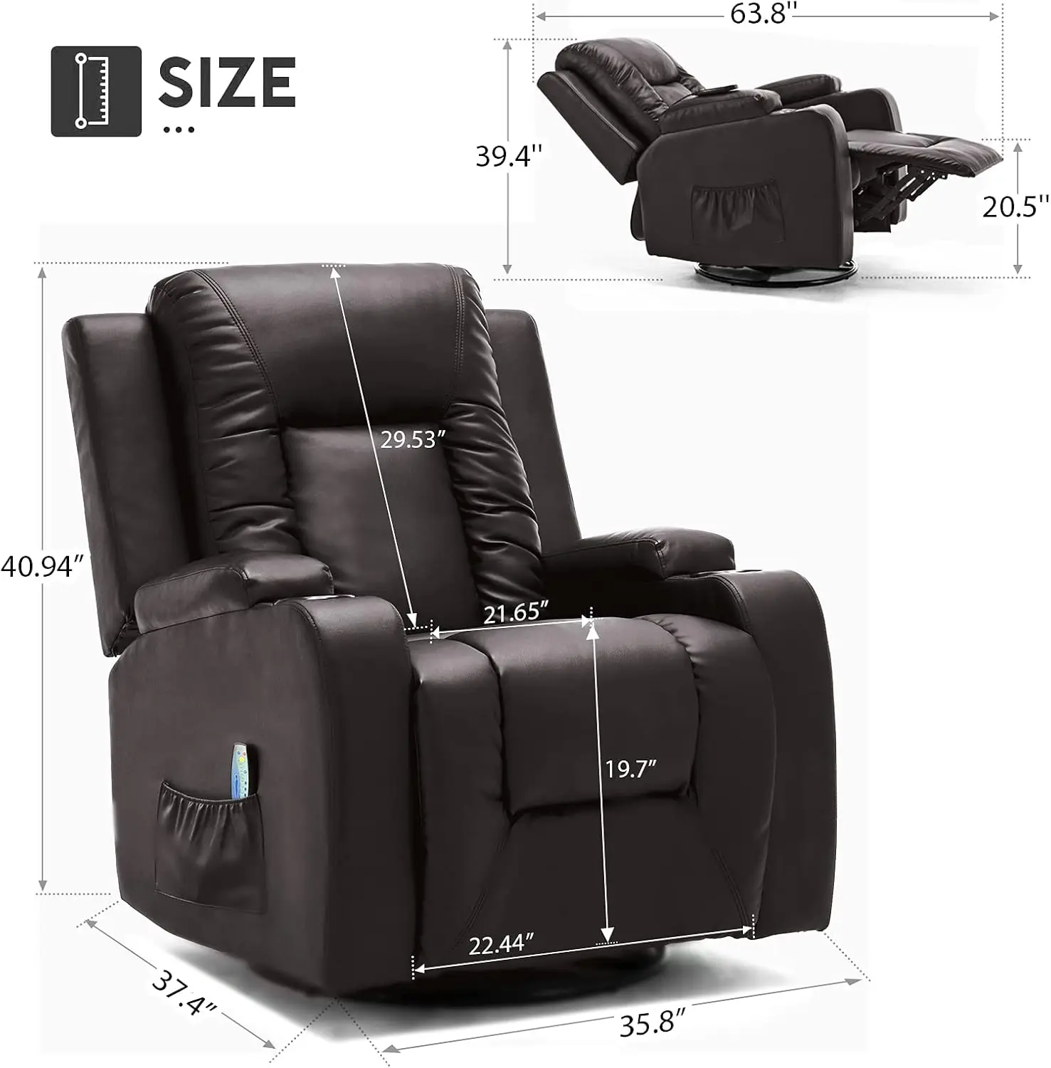 Cadeira reclinável de couro PU com massagem aquecida, Modern Rocker, Lounge ergonômico, giratório de 360 graus, único assento do sofá