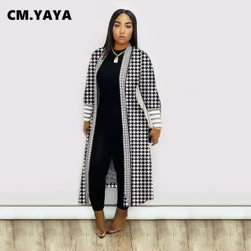 CM.YAYA Elegant Leopard Camouflage Houndstooth Prinited Long Sleeve Open Stitch Long Trench Streetwear Fashion INS Outwear