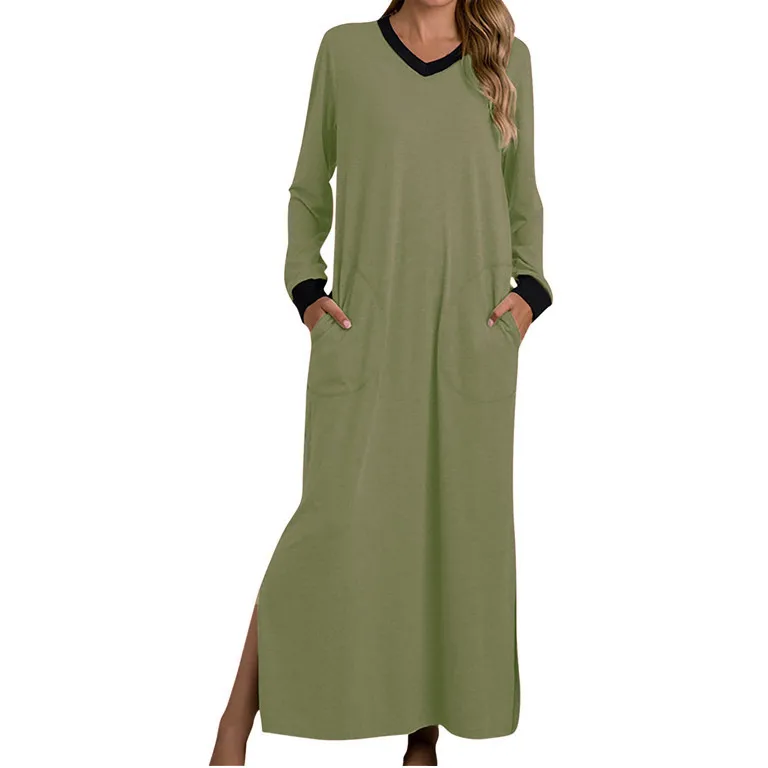 Mixed Cotton Night Dress Women Loose Long Sleeve Robe Nightdress V-Neck Split Female Nightgown Soft Nightwear Vintage Nightgowns