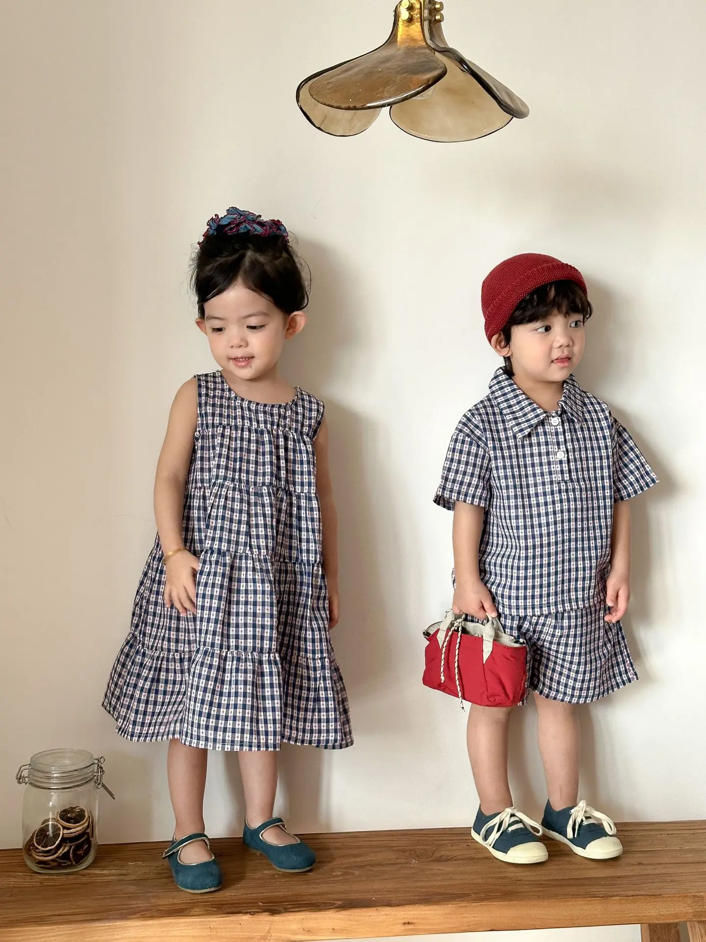 

2026 Summer 1T-8T Girls Sets Blue-gray Checkered Girls Dress Boys Collared Shirt Suit Brother-sister Costume