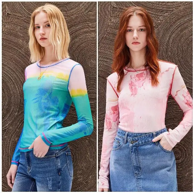 

Foreign trade Spain original single D women's long sleeved T-shirt printed tie dye slim fit breathable high elasticity