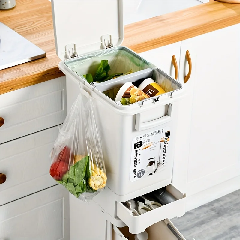 Space-Saving, Large-Capacity Two-Compartment Trash Can with Lid—Easy-to-operate Pedal, Separates Dry and Wet Waste,