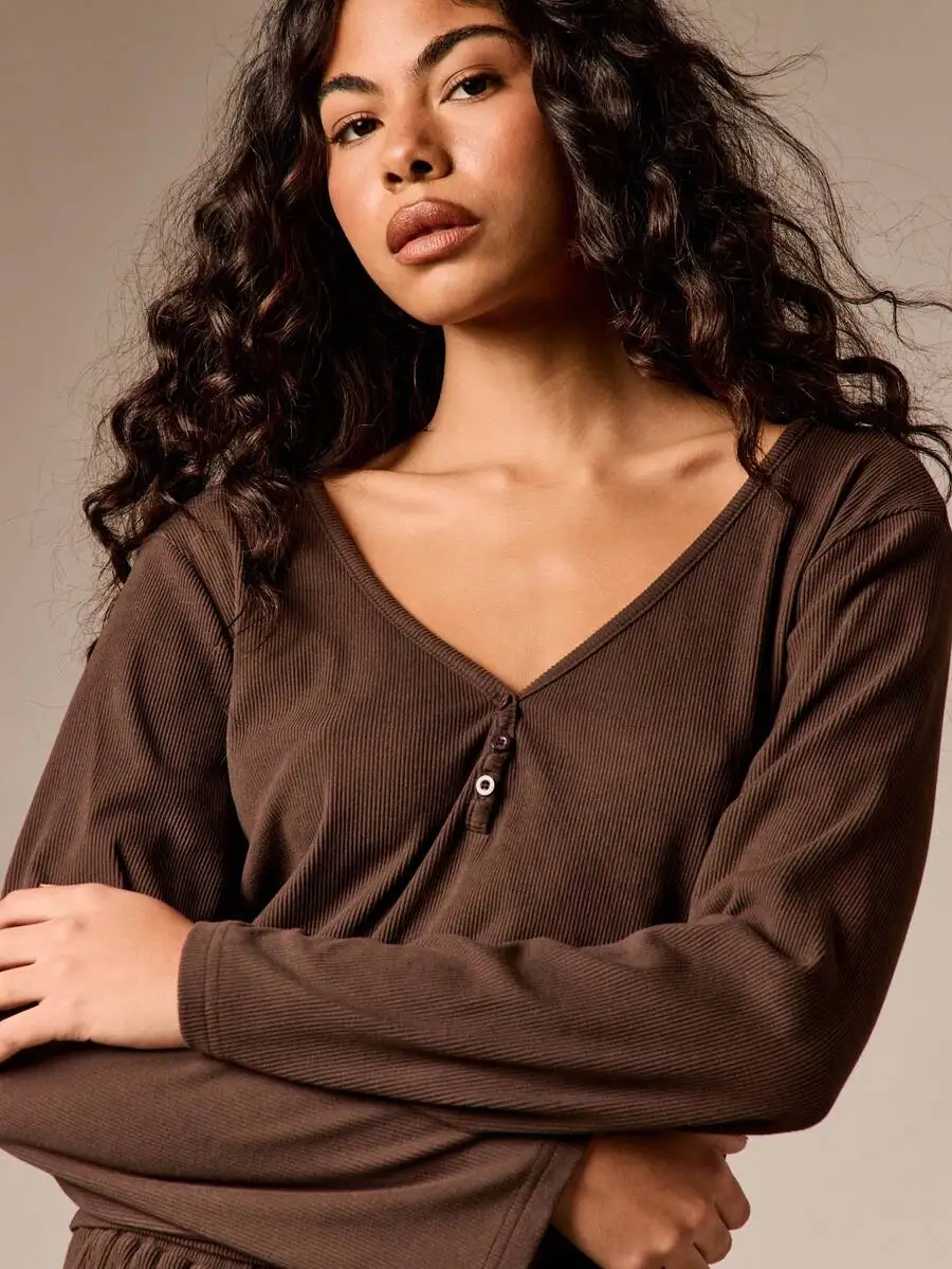 

Ribbed Knit Button Front Long Sleeve Pajama Top And Shorts Loungewear Set