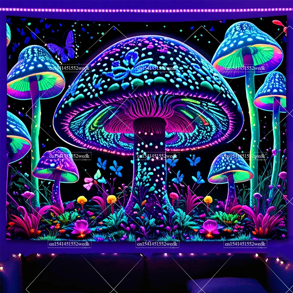 Forest Mushroom Blacklight Tapestry UV Reactive Neon Galaxy Black Light Tapestry Jungle Glow In The Dark Wall Decor Backdrops