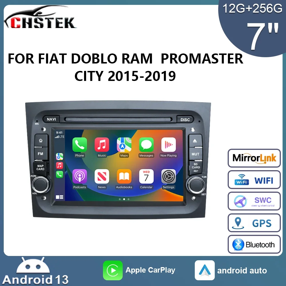 CHSTEK Car Radio Carplay Bluetooth 12+256G for Fiat Doblo 2015-2019 Wireless Android Navigation Player Wifi 4G GPS Android 13