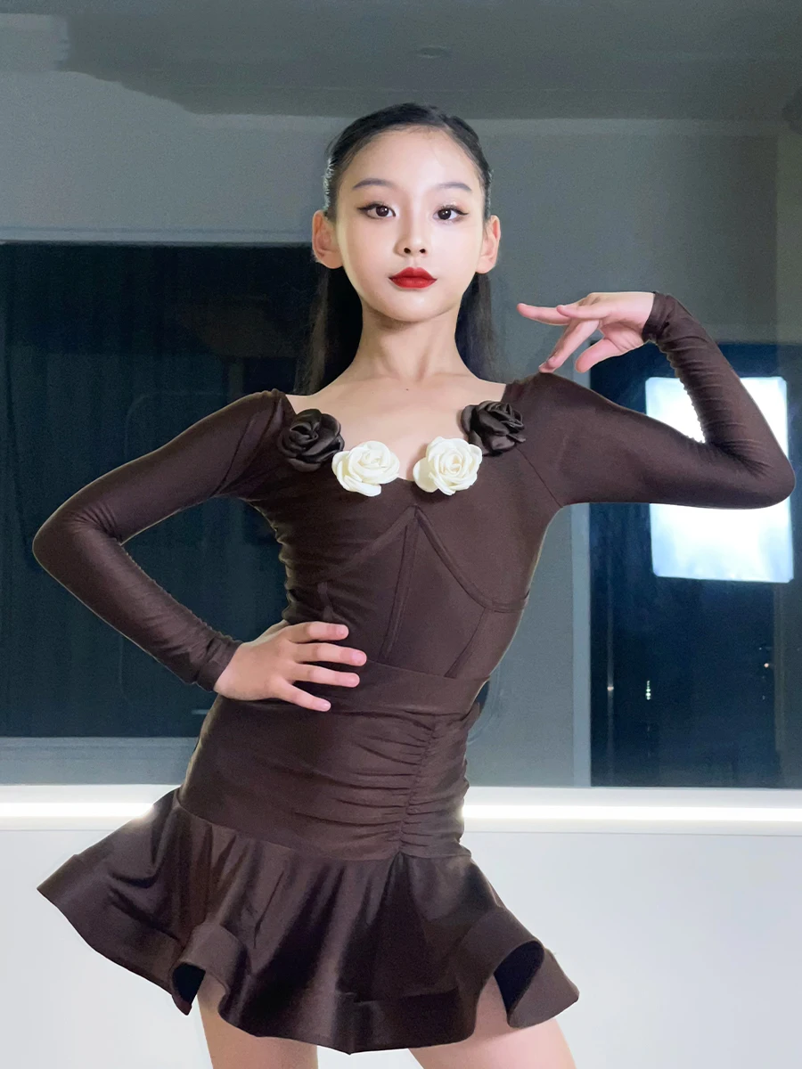 2023 New Kids Latin Dance Dress Girls Winter Practice Clothing Rumba Dance Performance Costume Ballroom Dance Dress DNV18619