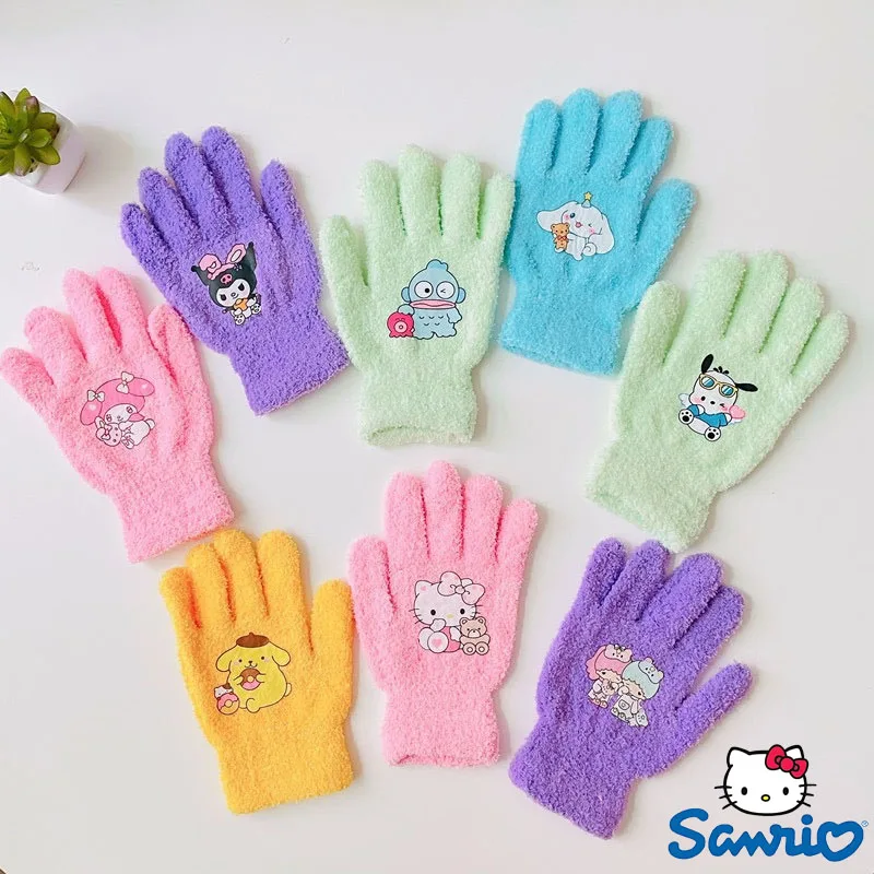 Sanrio-guantes cálidos de Hello Kitty Kuromi Melody Kawaii para niña, guantes gruesos de felpa para invierno, guantes de dedo a prueba de frío, regalo de Navidad