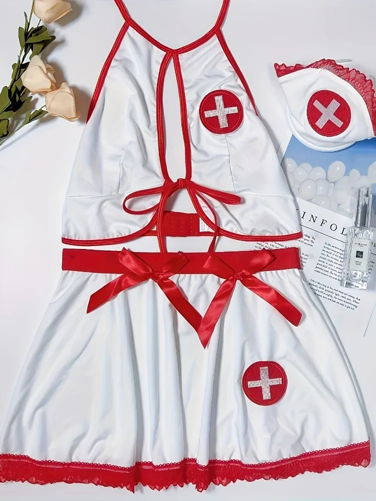 Women Sexy Cosplay Lingerie Naughty Nurse Uniform Exotic Costume Halter Cami Top & Bow Skirt & Thongs & Headwear Underwear view 5