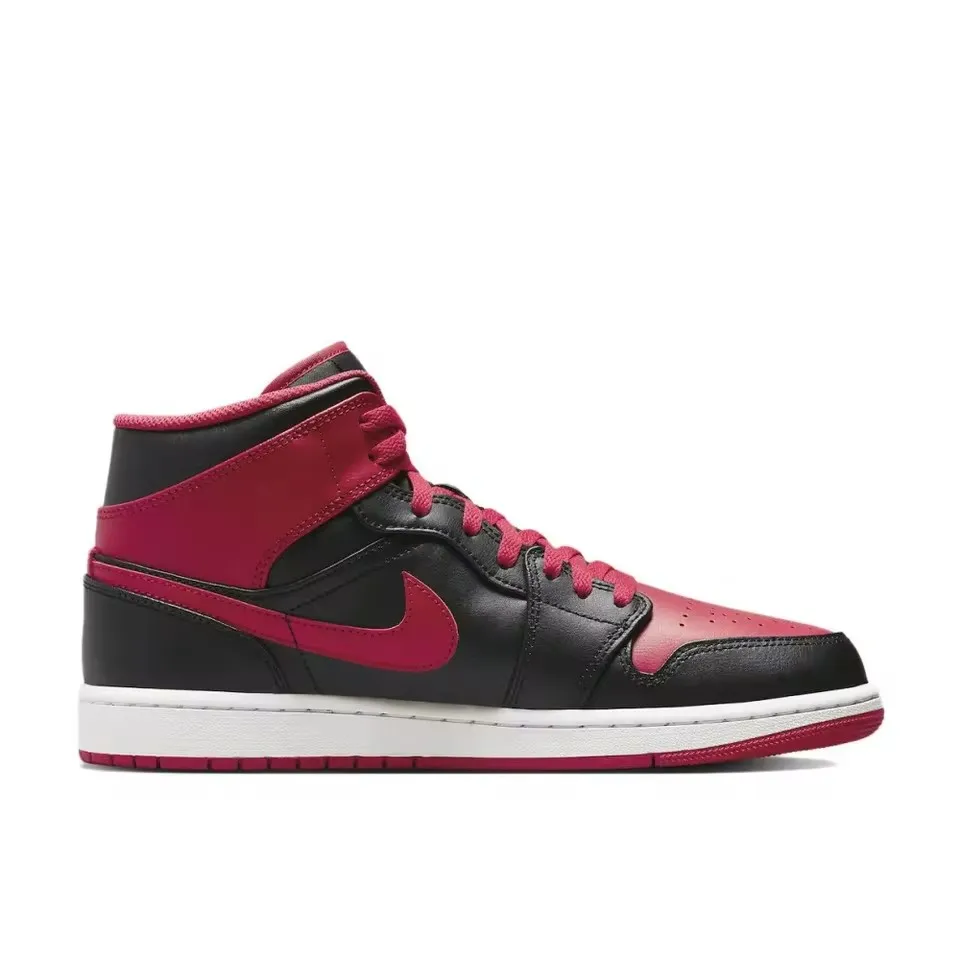 Nike Original Air Jordan 1 MID Classic Retro Basketball Shoes Anti skid Wear resistant Men's Sneakers Red and Black Colorway