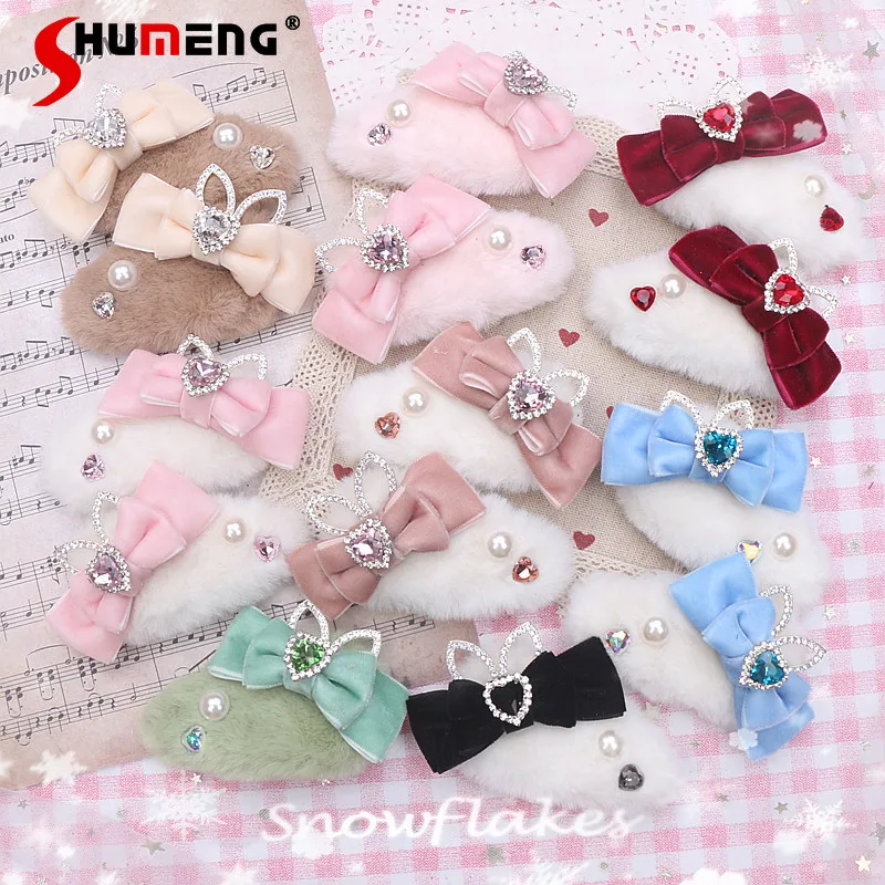 Cute Pink Hair Accessories Woman Furry Rabbit Ears Rhinestone Velvet Bow Barrettes Original Handmade Sweet Side Clip for Women