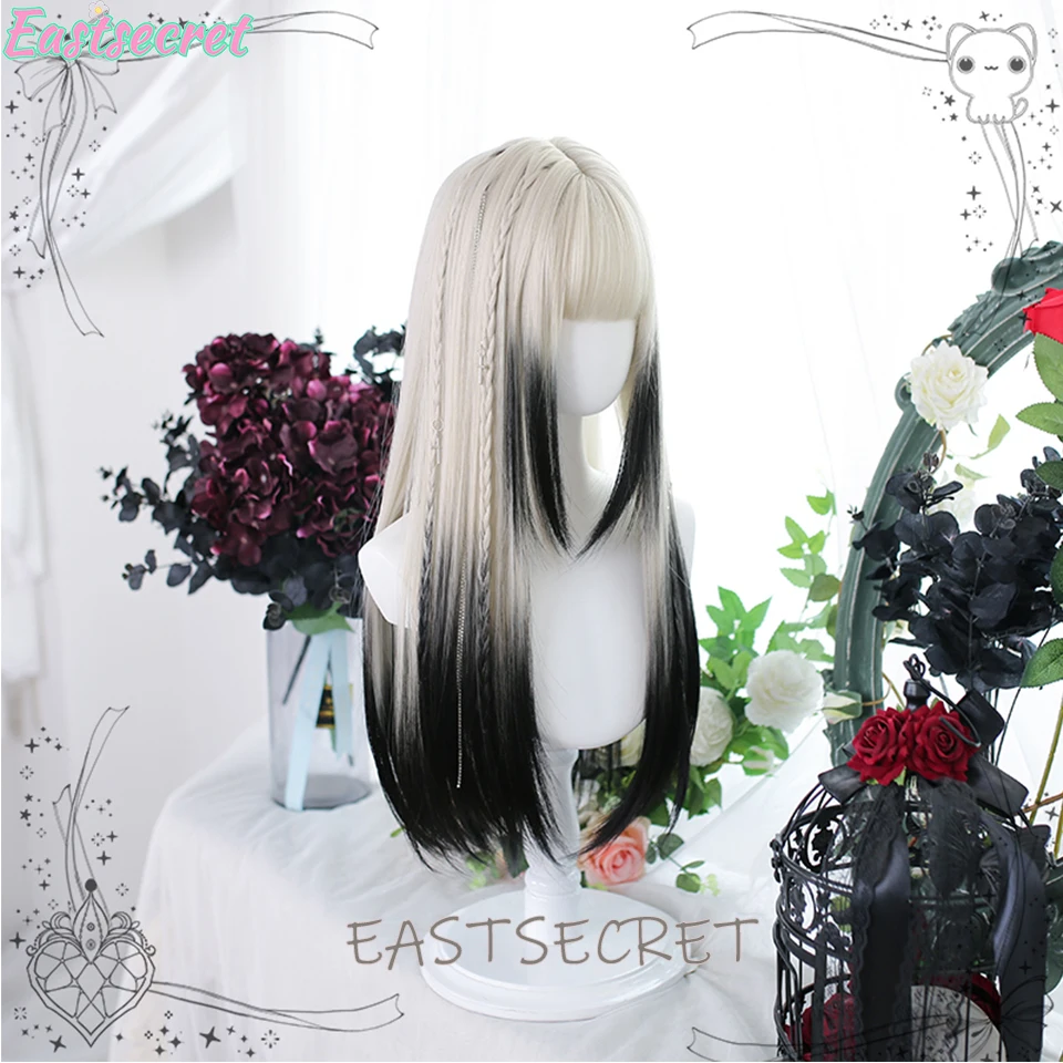 EASTSECRET Synthetic Long Straight Lolita Wig with Bangs Wig Girl Cute Ombre White Black Cosplay Party Halloween Harajuku Wig