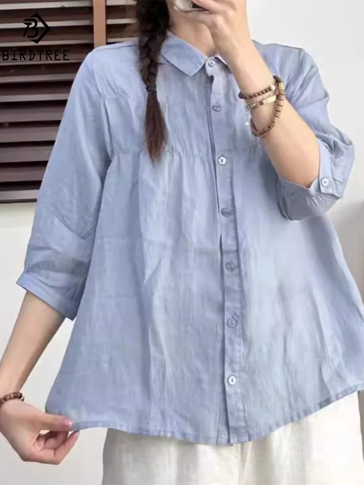 

New Spring Cotton Ramie Short Sleeve Shirt Women Lapel Folds Top Girl Loose Sweet Chic Casual Blouse 2024 Summer T45001QM