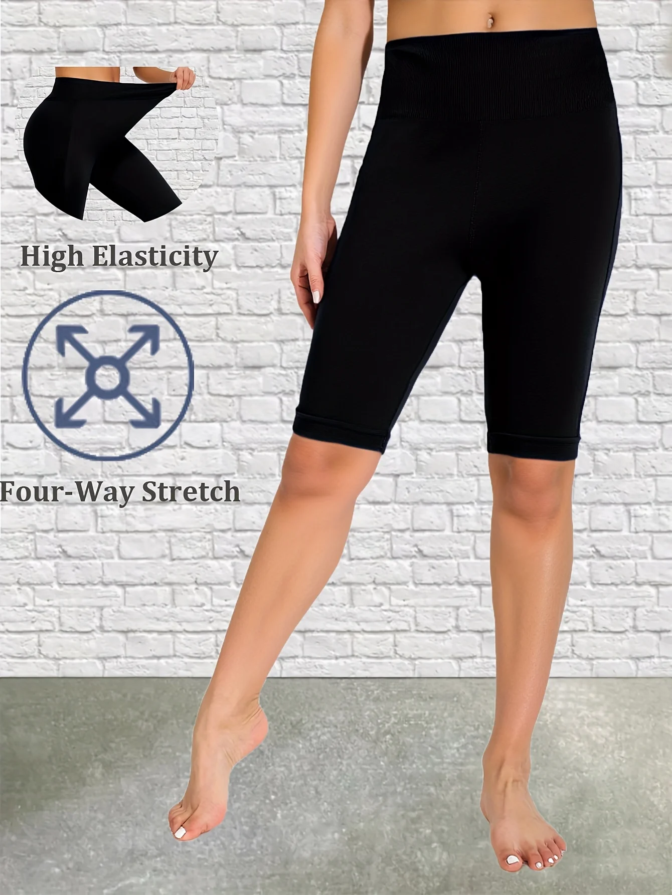 Simple Black Leggings Stretchy Soft Yoga Fitness Pants Stylish Casual Solid Color Five Fen Tights