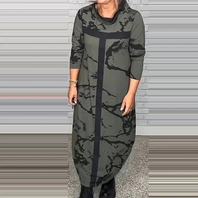 2024 Frühling Dame stehen Hals lang ärmelig langes Kleid weiblich lässig Pullover Kleid neue Herbst Winter Frauen gedruckt Patchwork Kleid