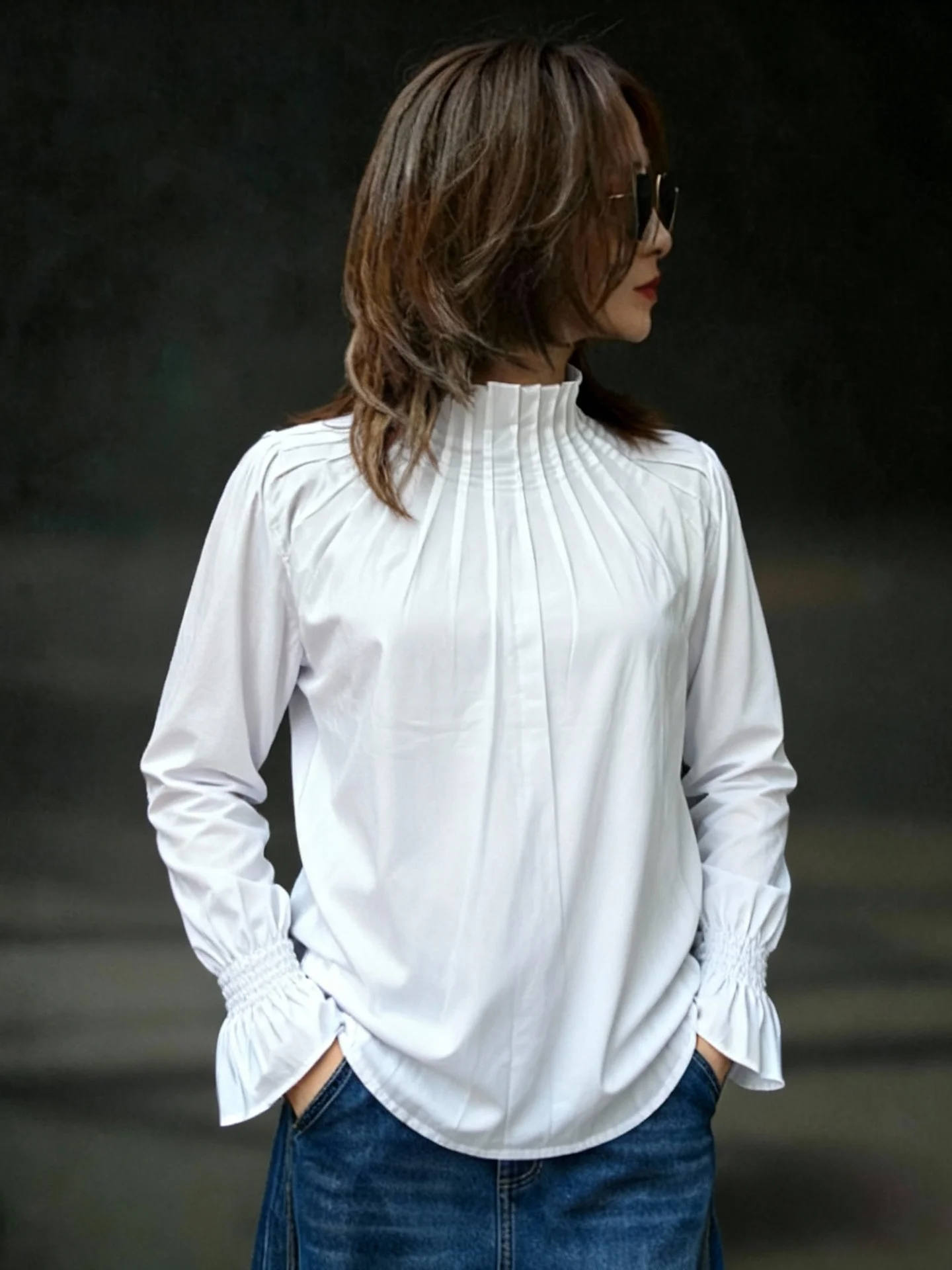 

Long Sve Women's irt Spring 2025 Korean Sle Loose Design Pure Color Base Layer Trendy Pleated Boting Top