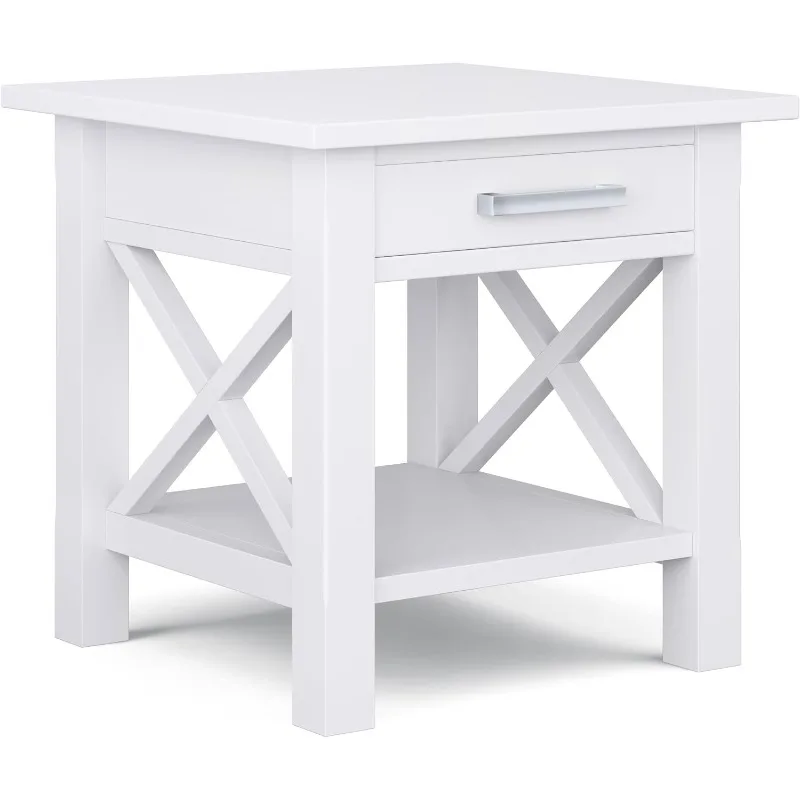 Kitchener SOLID WOOD 21 inch Wide Square Contemporary End Table in White with Storage, 1 Drawer, 1 Shelf, for the Living Room