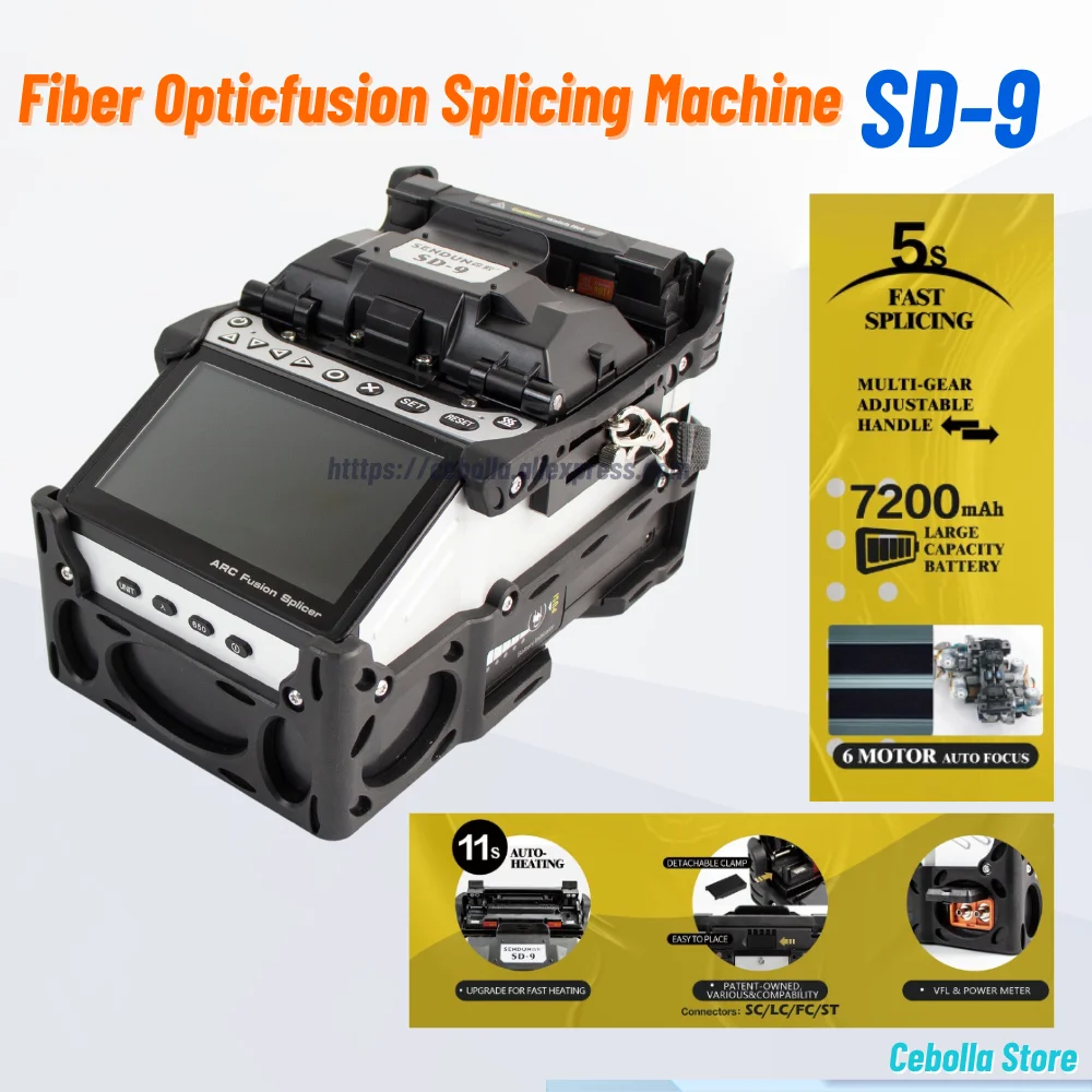 SD-9 Fiber Optic Fusion Splicer 6 Motor Touch Screen ARC Splicing Hine With VFL Power Meter Function FTTH