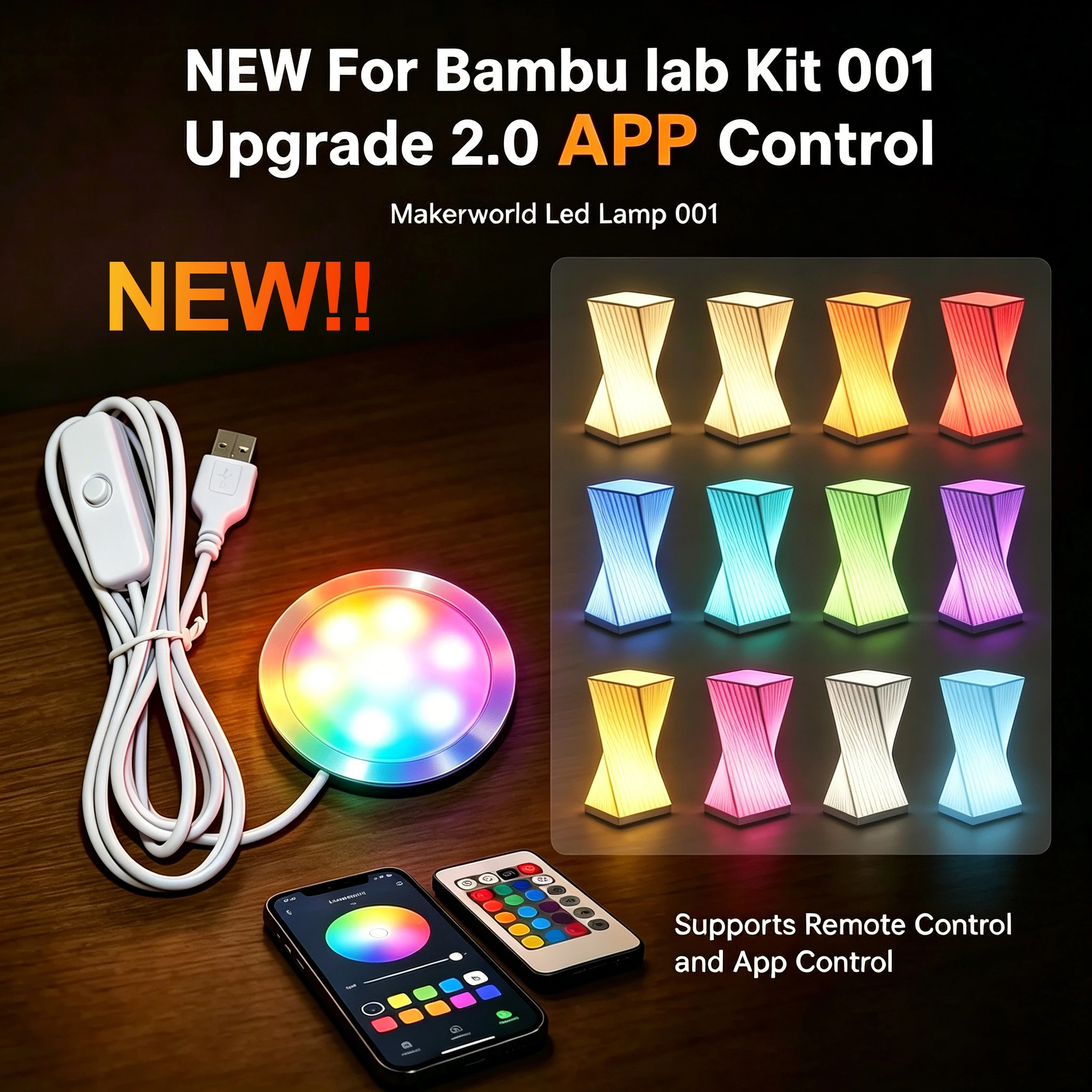 Neu aufgerüstete 2.0 Version für Bambu Lab Kit 001 LED-Lampe mit APP-Steuerung, Farbwechsel RGB-Licht, DIY-Modell, Hardware-Lampengehäuse 001