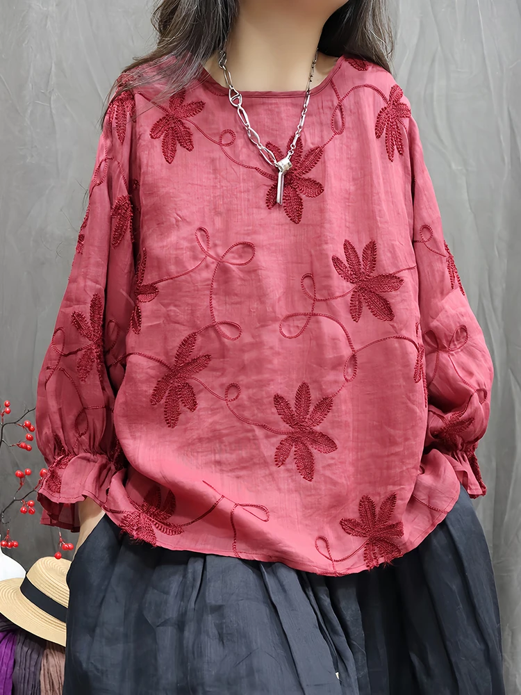 

100% Linen Women Casual Blouse Shirt New Arrival 2025 Autumn Vintage Style O-neck Embroidery Loose Female Tops Shirts M2142