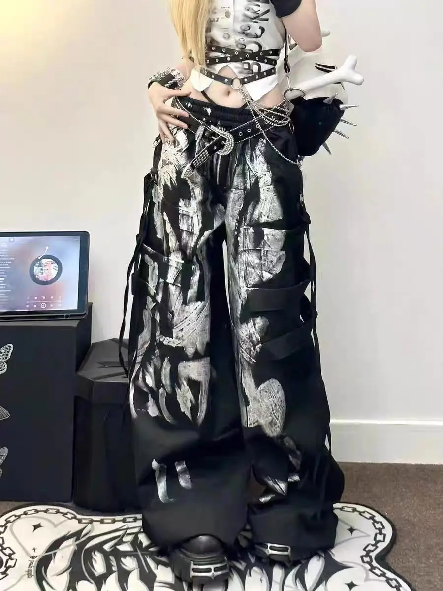 

Y2K Grunge Silver Painted Cargo Pants Women's Gothic Drawstring Wide Leg Baggy Streetwear Trousers Female Punk Harajuku Bottoms