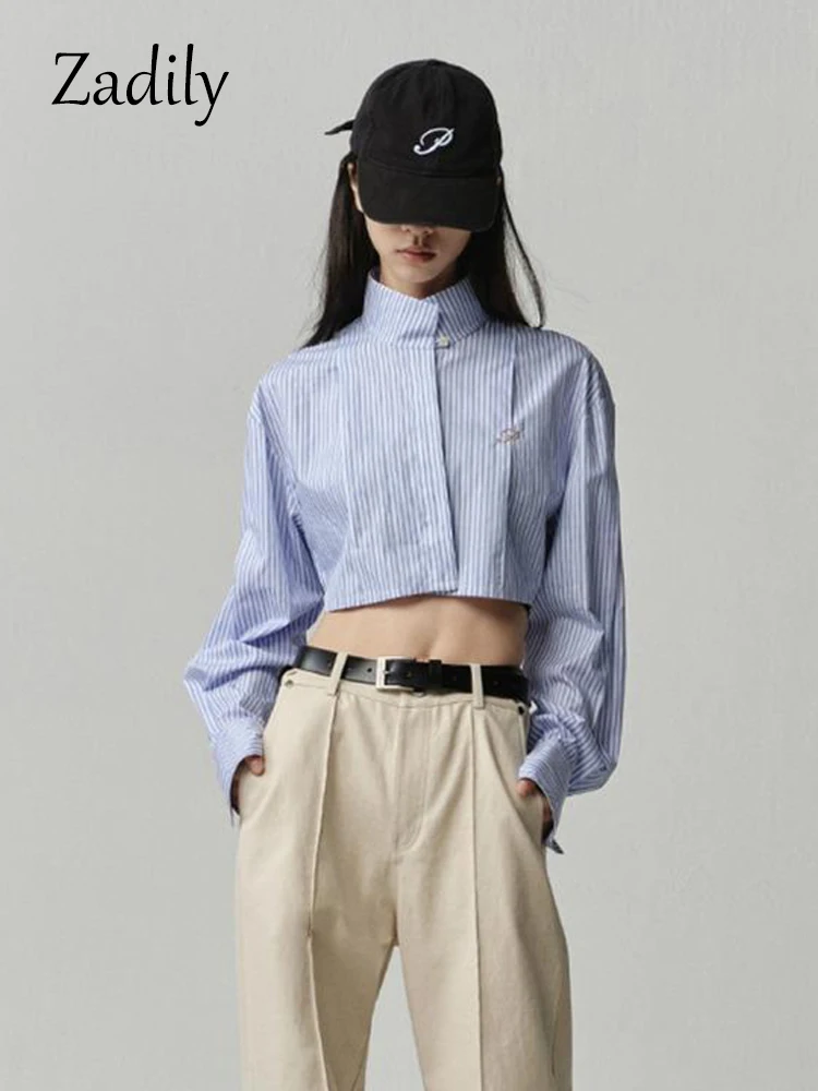 Zadily 2023 Spring Streetwear Long Sleeve Striped Shirt Women Button Stand Neck Ladies Crop Tops Female Clothing Blouse