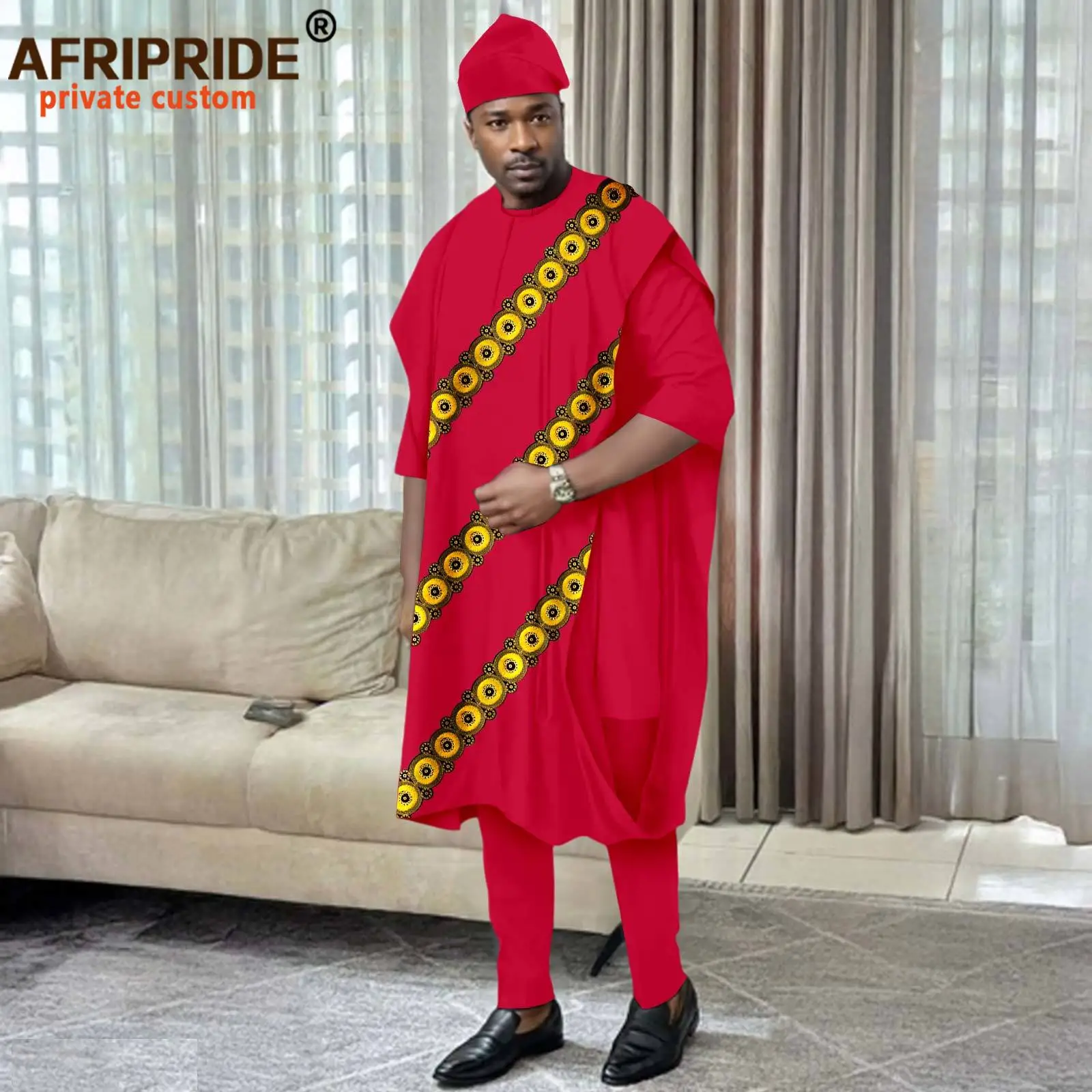 African Traditional Clothes for Men Embroidery Agbada Robe Half Sleeve Shirts Pants and Hats Set Dashiki Outfits Wedding 2516024