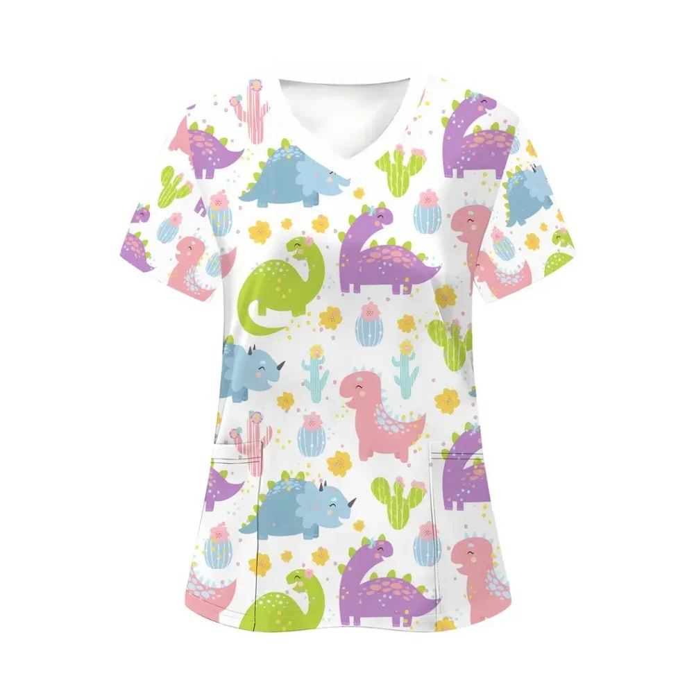Clinical Uniform Woman Dinosaur Cartoon Print Vet Scrubs Woman Tops V-Neck Short Sleeve with Micro Stretch Nurse Uniform Woman