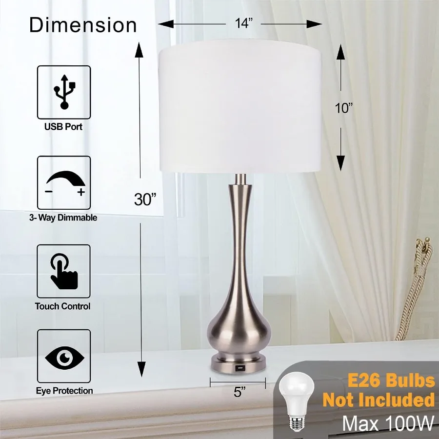 مجموعة مصابيح طاولة حديثة كبيرة مقاس 30 بوصة مكونة من 2 لغرفة المعيشة وغرفة النوم مع منفذ شحن USB ومنضدة من الفولاذ المصقول قابلة للتعتيم بثلاثة اتجاهات