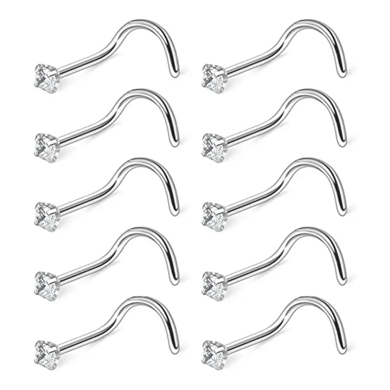 10 Pcs/Lot 1.2/2/2.5/3MM CZ Zircon Nose Studs Stainless Steel Screw I L Shaped Bone for Woman Man Body Piercing Jewelry 20G