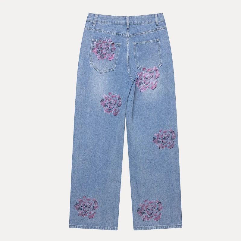 

Z Women's Faion Diamond Decorated Loose Casual Jeans mid Waist Straight Leg Long Pants Summer New Arrival