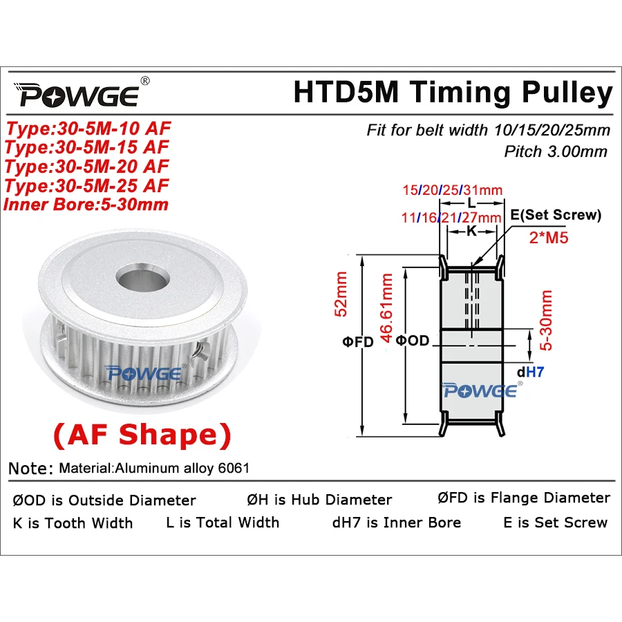 POWGE 30 teeth HTD 5M Timing Pulley AF Bore 5/6/6.35/7/8/10/12/14/15/16/17/18/19/20/25/30 for HTD5M belt width 10/15/20/25mm 30T