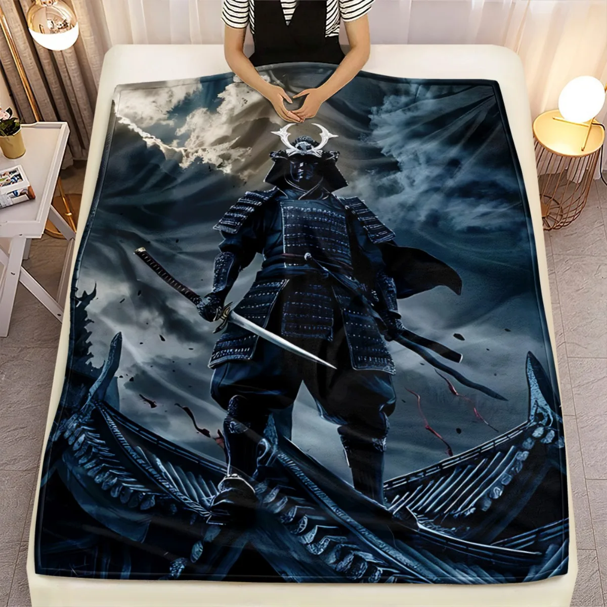 

Самурайский воин, доспехи, флисовое одеяло, фланелевое одеяло, японская тема, темное небо, боевая сцена, художественный дизайн, мягкое теплое постельное белье, домашний декор