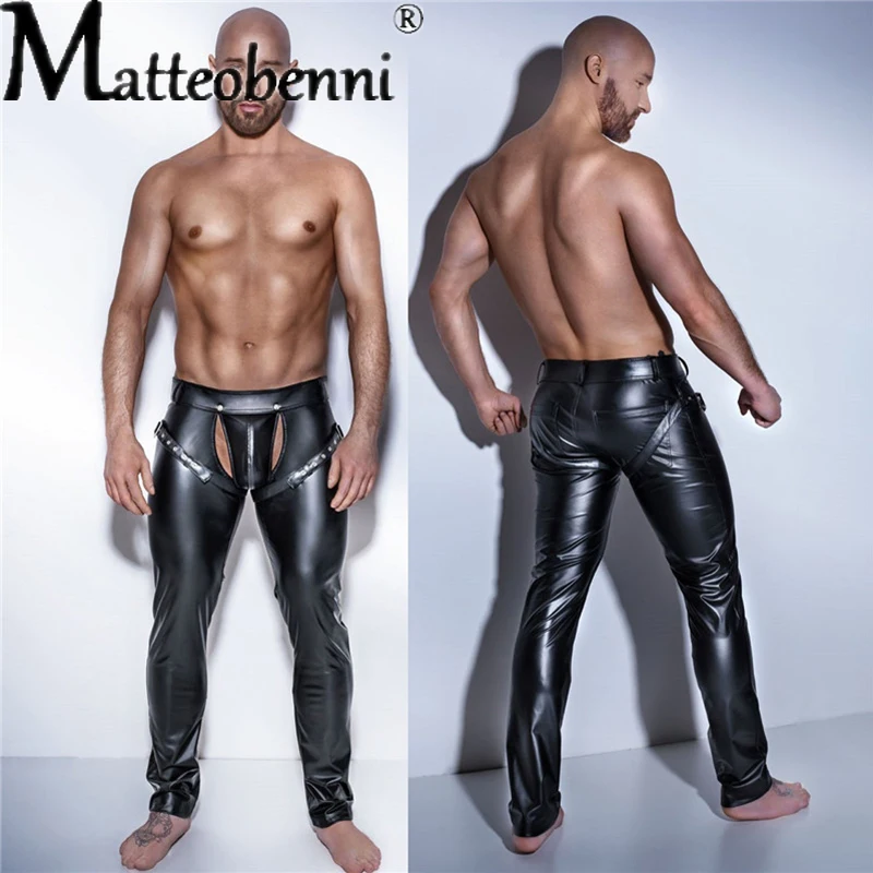 Erotische Männer Faux PU Leder Hosen Männlichen Wetlook Latex Hose Vorne Offen Pole Dance Hosen Homosexuell Fetisch PVC Hosen Clubwear kostüme