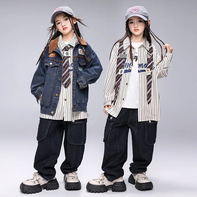 

Детская одежда в стиле K-pop и хип-хоп: джинсовая синяя куртка, полосатая рубашка, повседневные джинсы, брюки карго для девочек и мальчиков, костюм для уличных танцев