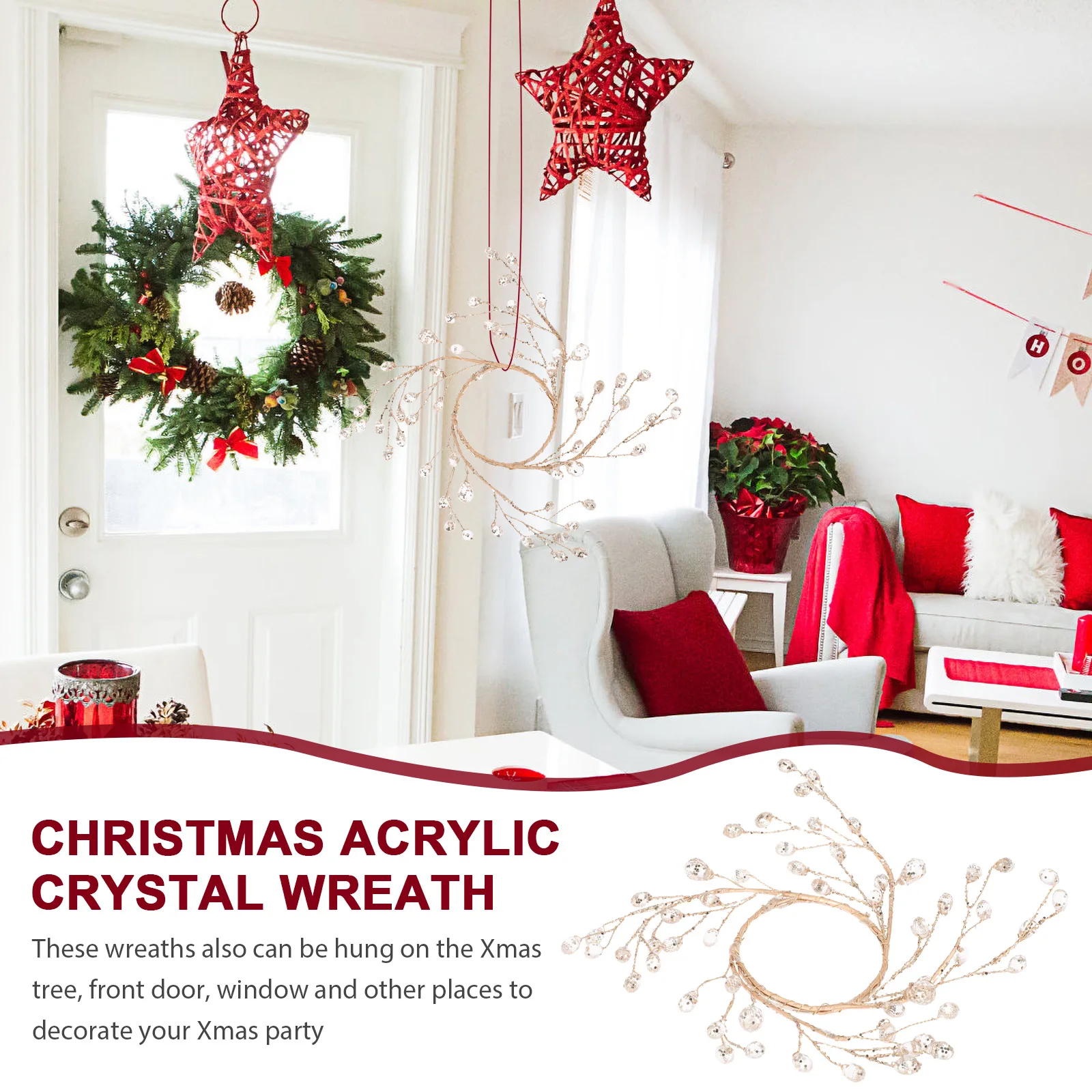 

Christmas Tree Wreath 6inch Diameter Acrylic Bead Garland Decorative Holiday Festival Xmas Ornament Prop Indoor Outdoor