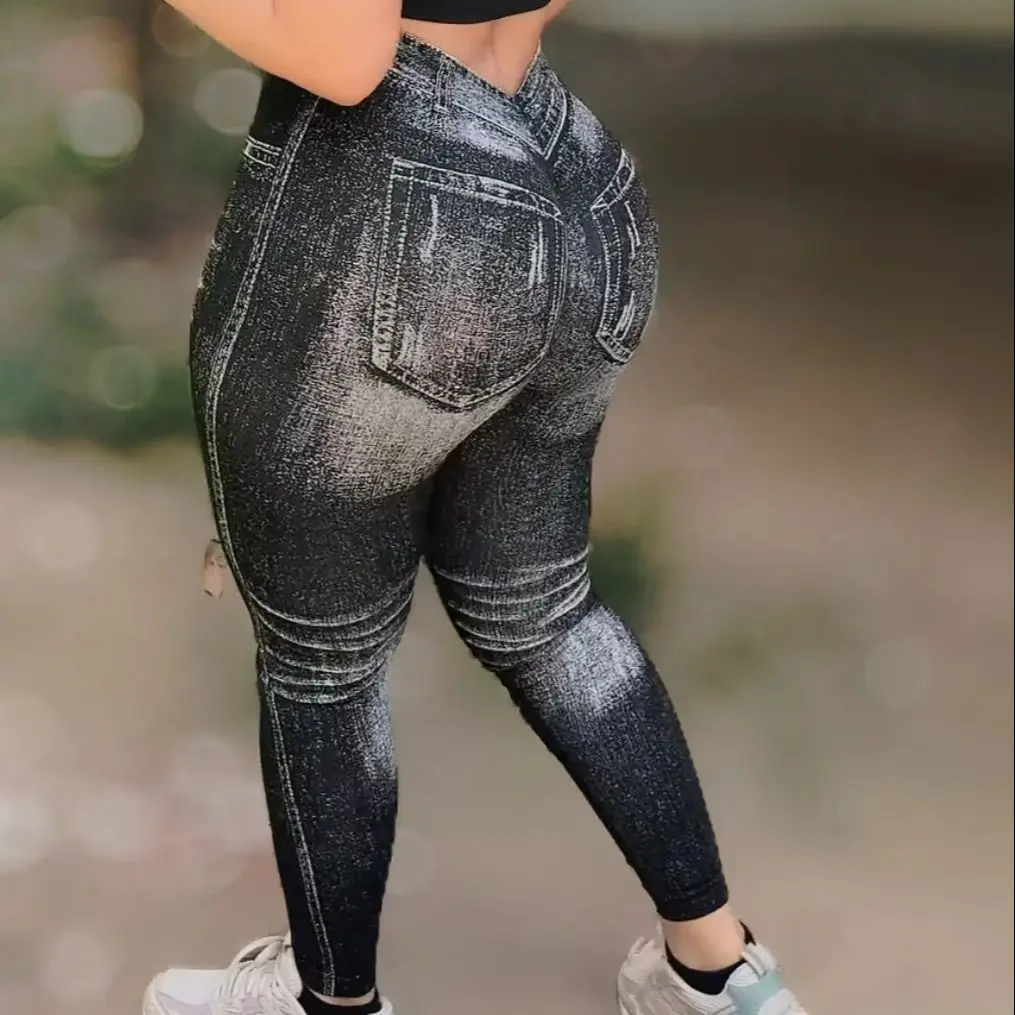 Leggings da palestra da donna con retro a V Jeans in finto denim Leggins da allenamento atletico Pantaloni da yoga da allenamento elastici senza cuciture Collant fitness sportivo