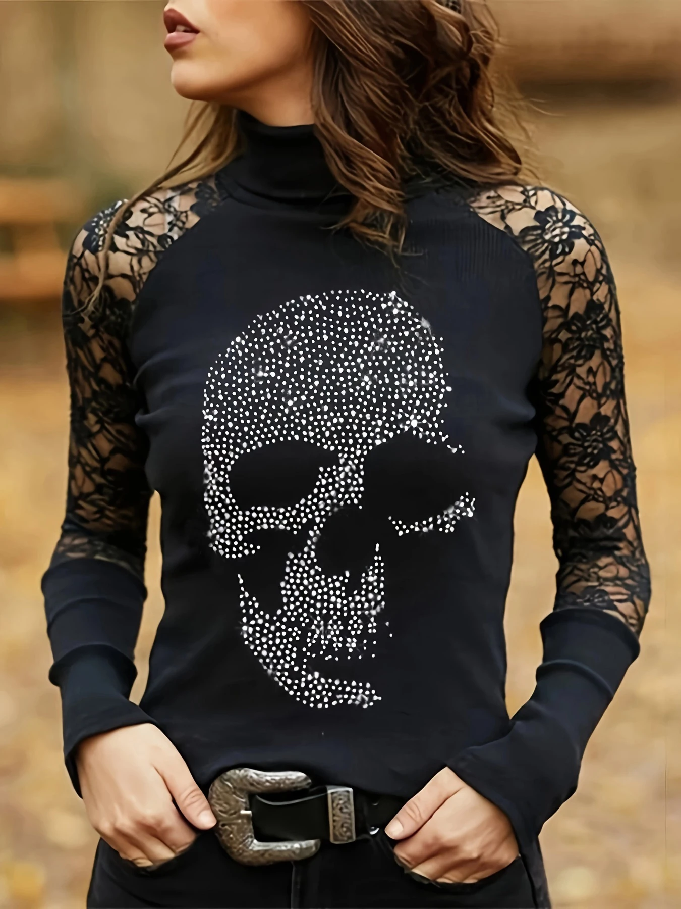 

Spring and Autumn Women's Skull Pattern Turtleneck T-Shirt Casual Loose Lace Stitching Long Sleeve Female Top