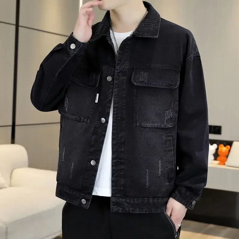 Ripped Button Denim Jackets Man Loose Cowboy Coat for Men With Hole Branded Low Price Trendy Aesthetic Winter Outerwear Menswear