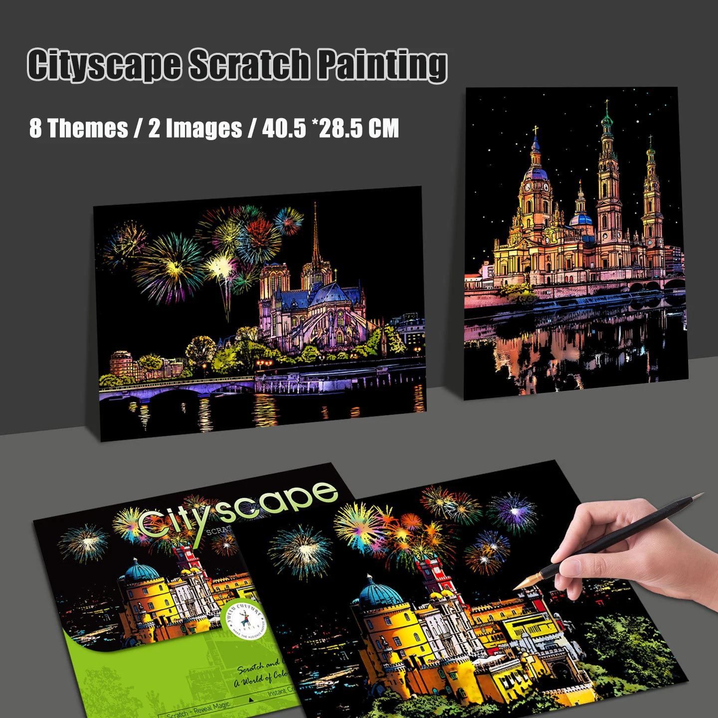 2 Pcs/Set 40.5x28.5 CM DIY Scratch Painting Famous Buildings Cityscape Night View Scrach Painting Artistic Works Drawing Toys