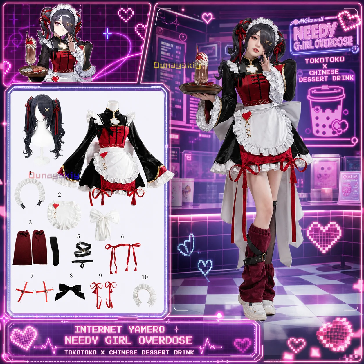 Ame‑Chan NEEDY GIRL OVERDOSE Cosplay Peluca de Cosplay, Disfraz de Colaboración de Maid Chino para Beber, Vestido de Fiesta de Navidad y Halloween para Mujer