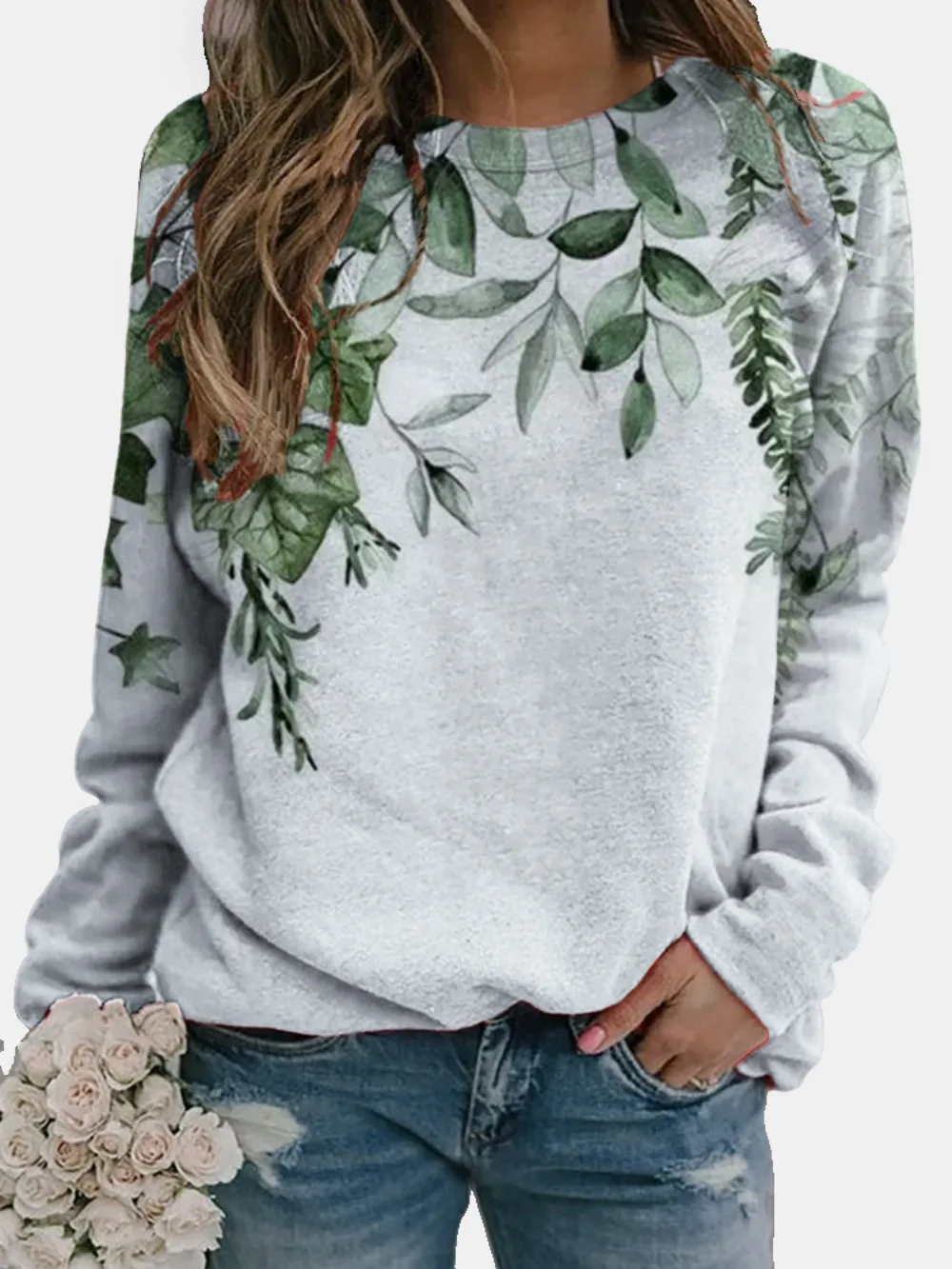 Women\'s Fashion Casual Loose Hoodie Round Neck 3D Flower Print Long Sleeved T-shirt Pullover Spring and Autumn Top