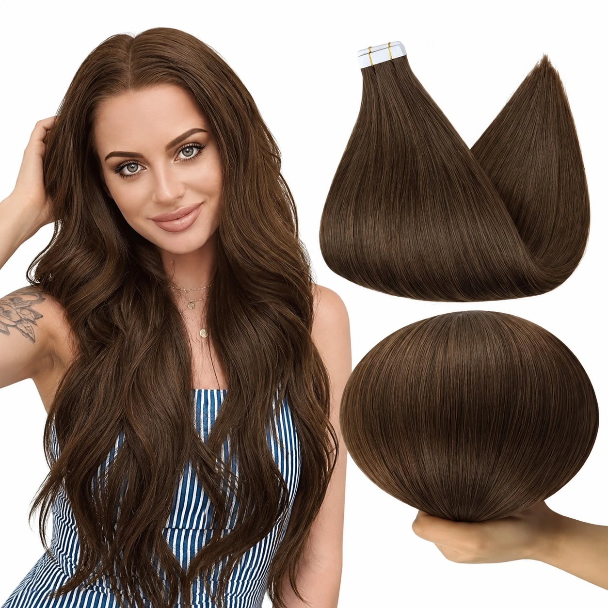 Full Shine Tape in Hair Extensions Skin Weft 100% Remy Human Hair 20 Pcs Glue on Hair Extensions for Women
