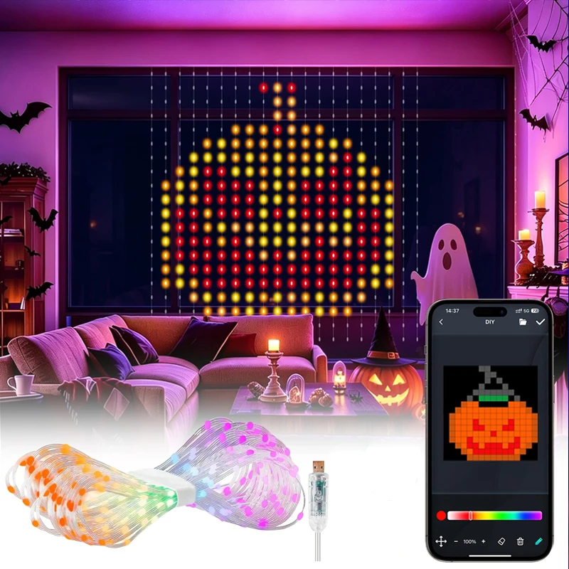 DIY Smart Curtain Lights RGB App Control LED String Music Sync Fairy Light USB Plug Text Pattern for Party Room Decoratons