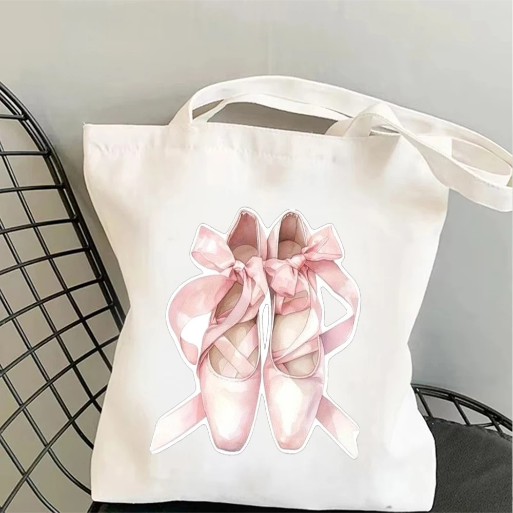 Watercolor Pink Ballet Pointe Shoes Print Canvas Tote Bag Daily Handbag For Dance Class Library Runs And Casual Weekend Errands