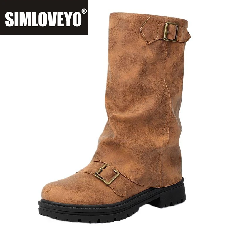 

SIMLOVEYO женские ботинки до середины икры с круглым носком на толстом каблуке 3,5 см, платформа 2 см, без шнуровки, размер 47 48, повседневная обувь для отдыха