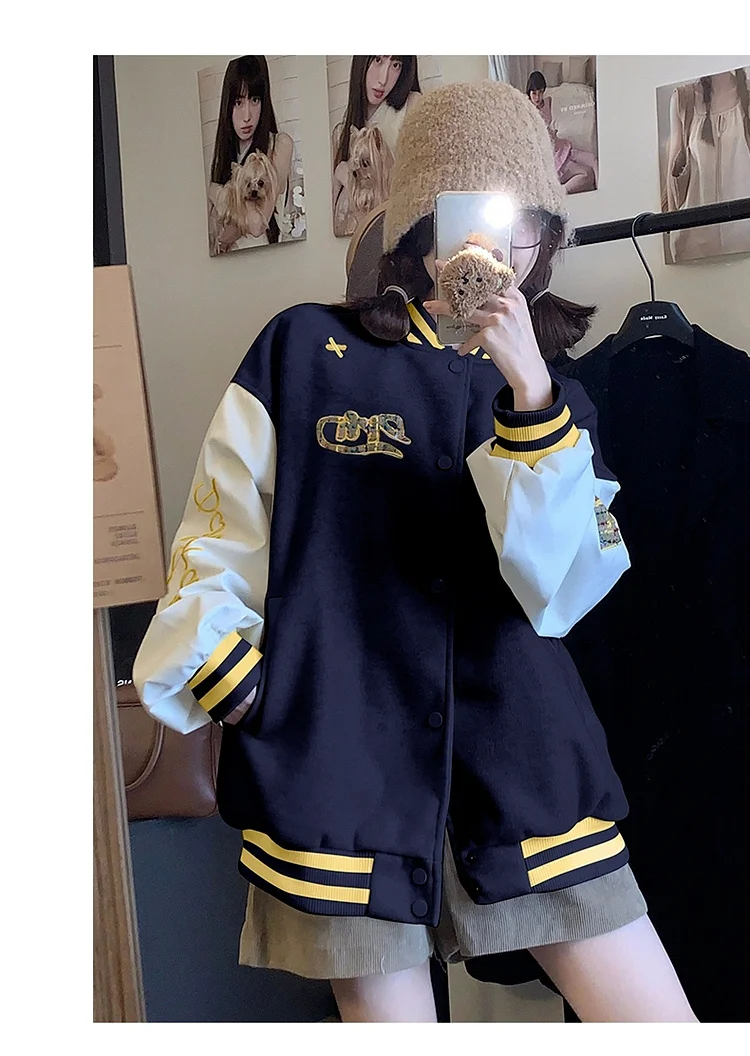 Jaquetas de Beisebol Azul Claro Femininas Outono com Zíperes em Lona Estilo Boyfriend Duráveis Casuais com Capuz em Lã Gradiente Decoradas com Fivela Avançada