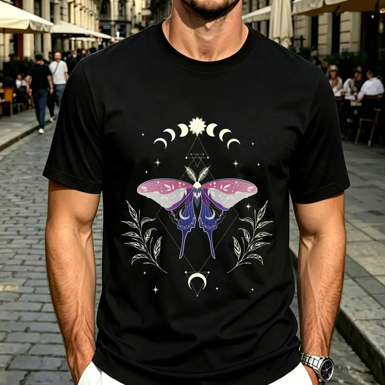 washed T Shirt Genderfluid Pride Non Binary LGBT Gender Fluid Flag Transgender Trans Subtle Luna Moth Moon Phase Cottagecore