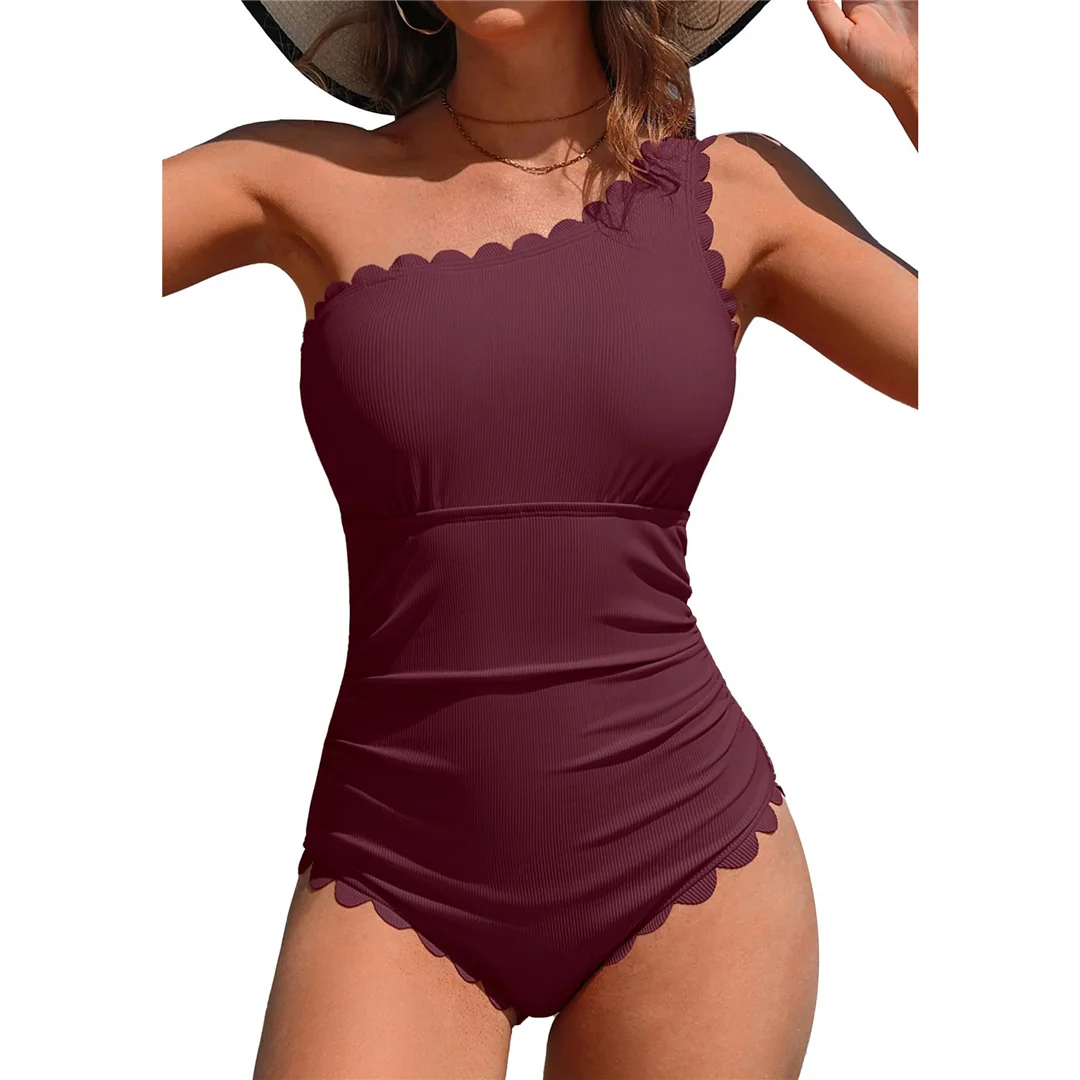 S - XXL, rückenfreier Badeanzug mit Rüschen und hohem Beinausschnitt, einteiliger Badeanzug für Damen, Monokini, gepolsterter Badeanzug, Badebekleidung, Modell V7102. – Detail 2
